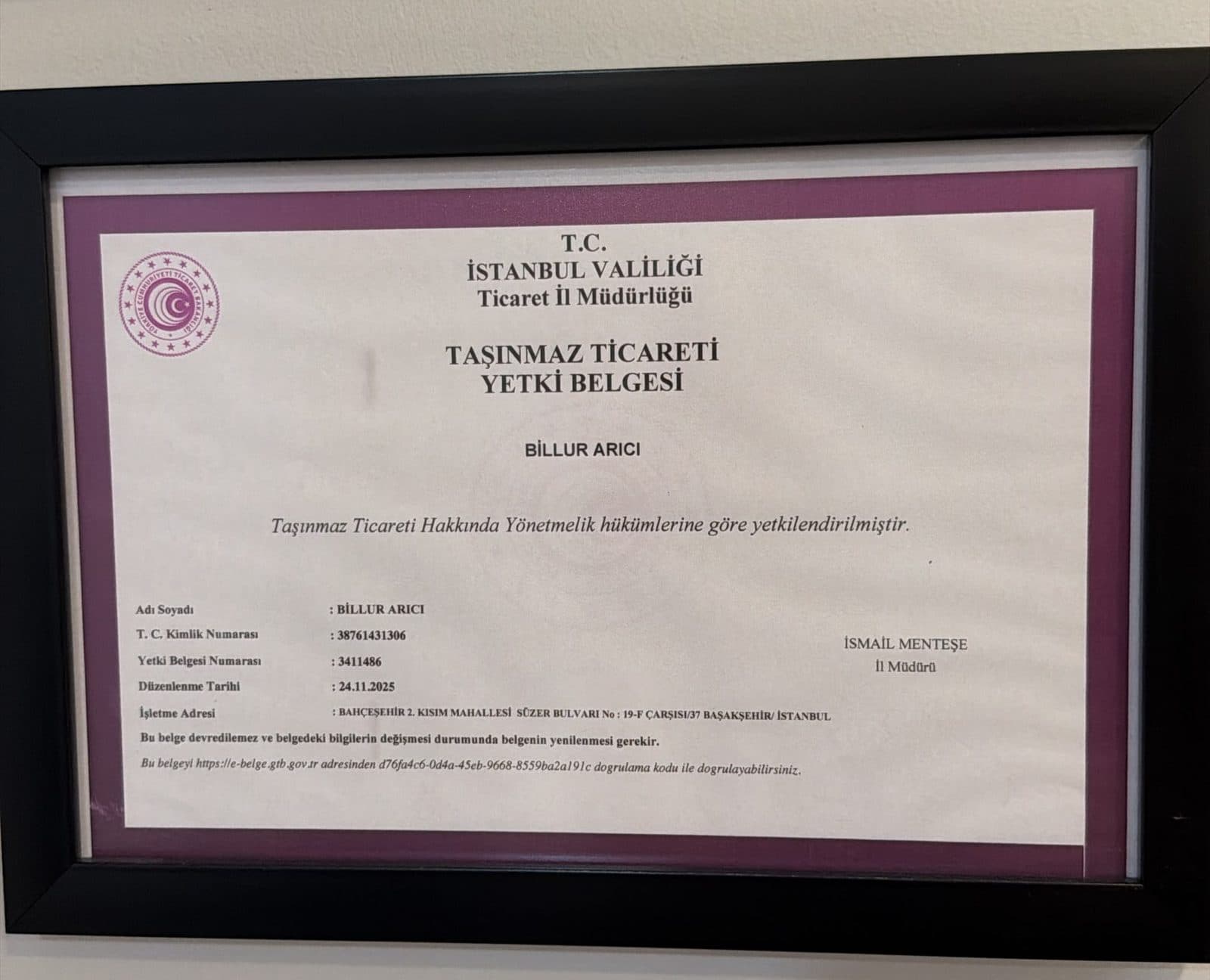 Billur ARICI adına düzenlenmiş, İstanbul Ticaret İl Müdürlüğü onaylı Taşınmaz Ticareti Yetki Belgesi